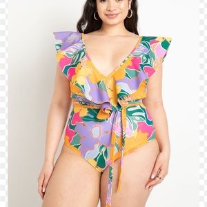 NWT Eloquii Ruffle Shoulder One-Piece Swimsuit Al Fresco Floral Tropical Size 16